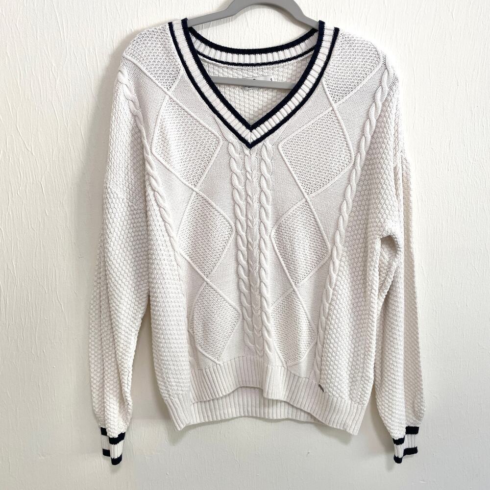 Hollister Womens Cable Knit Sweater S White Blue Preppy Academia Tennis School